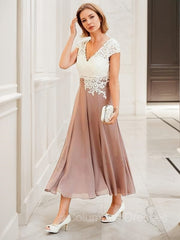 Bridesmaids Dresses Color, A-Line/Princess V-neck Tea-Length Chiffon Mother of the Bride Dresses With Lace Applique