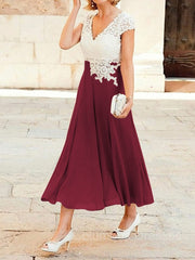 Bridesmaids Dress Colors, A-Line/Princess V-neck Tea-Length Chiffon Mother of the Bride Dresses With Lace Applique