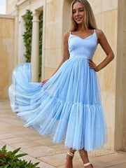 Prom Dresses Navy, A-Line/Princess V-neck Tea-Length Tulle Homecoming Dresses With Pleated