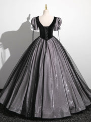 Classy Outfit Women, A-Line Puff Sleeves Black Long Prom Dress, Black Sweet 16 Dress