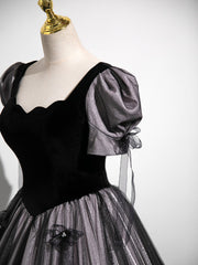 Sparklie Dress, A-Line Puff Sleeves Black Long Prom Dress, Black Sweet 16 Dress