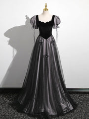 Black Lace Dress, A-Line Puff Sleeves Black Long Prom Dress, Black Sweet 16 Dress