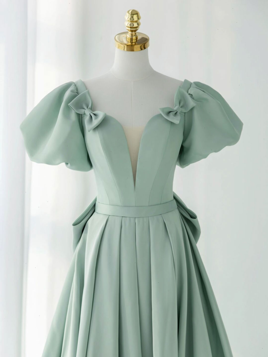 Formal Dress Elegant Classy, A-Line Puff Sleeves Green Long Prom Dress, Green Formal Dress