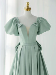 Formal Dress Elegant Classy, A-Line Puff Sleeves Green Long Prom Dress, Green Formal Dress