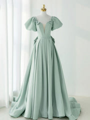Formal Dresses Pink, A-Line Puff Sleeves Green Long Prom Dress, Green Formal Dress