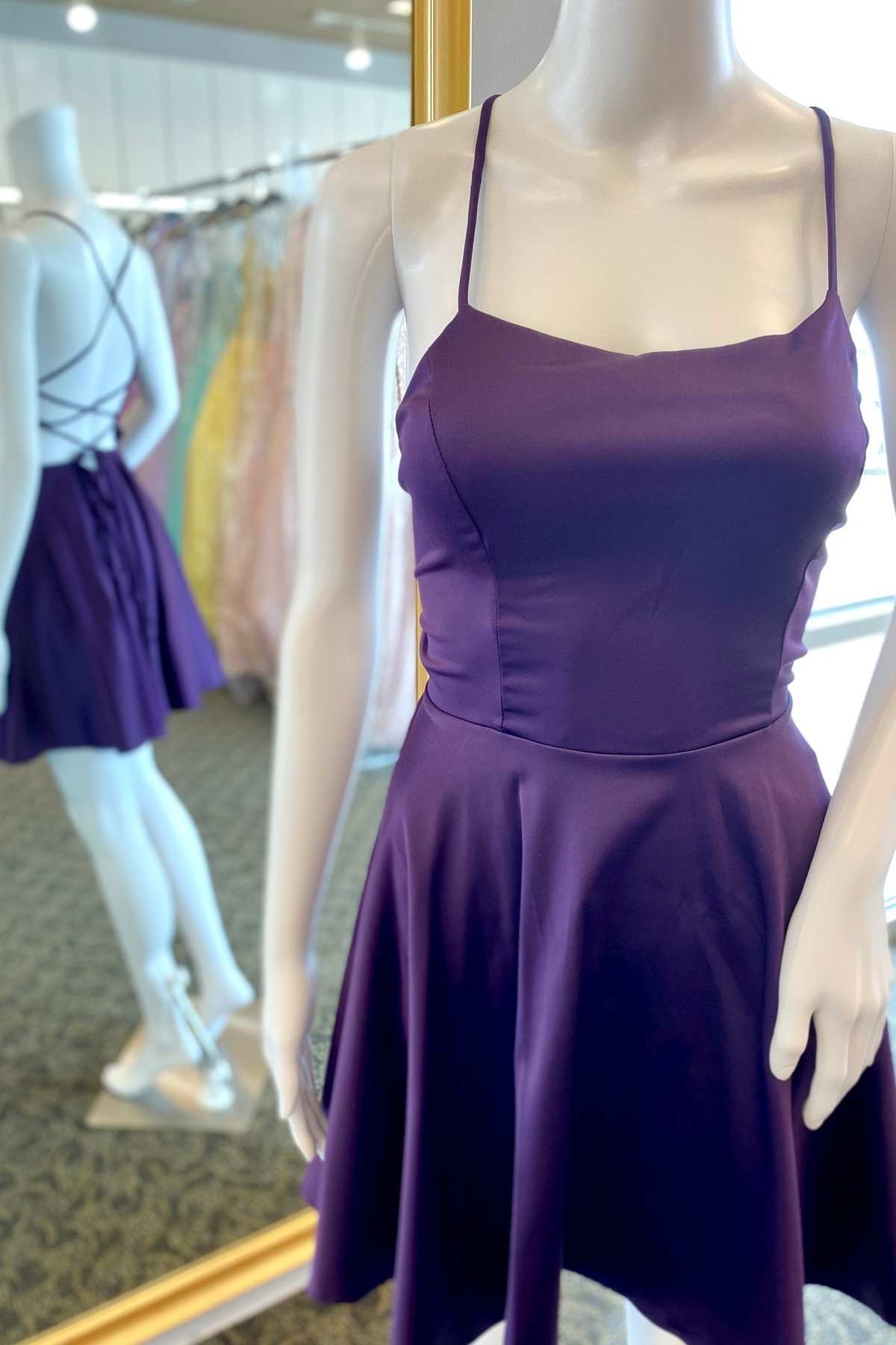 Formal Dress With Embroidered Flowers, A-Line Purple Lace-Up Short Satin Homecoming Dresses