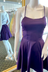 Formal Dress With Embroidered Flowers, A-Line Purple Lace-Up Short Satin Homecoming Dresses