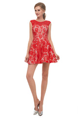 Formal Dress Long Sleeve, A-Line Red Lace Sleeveless Mini Homecoming Dresses