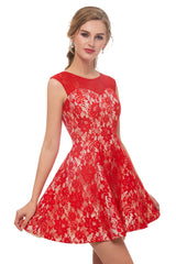 Formal Dress For Party Wear, A-Line Red Lace Sleeveless Mini Homecoming Dresses