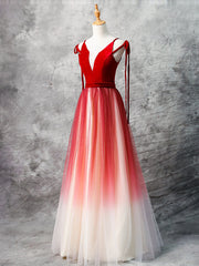 Red Formal Dress, A-Line Red Velvet Tulle Long Prom Dress, Red Formal Dress