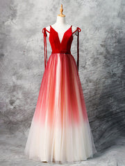 Vacation Dress, A-Line Red Velvet Tulle Long Prom Dress, Red Formal Dress