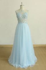 Fancy Dress, A Line Round Neck Baby Blue Lace Long Prom Dress with Butterfly, Baby Blue Lace Formal Graduation Evening Dress