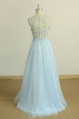 Long Dress, A Line Round Neck Baby Blue Lace Long Prom Dress with Butterfly, Baby Blue Lace Formal Graduation Evening Dress