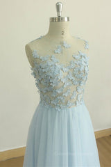 Blue Dress, A Line Round Neck Baby Blue Lace Long Prom Dress with Butterfly, Baby Blue Lace Formal Graduation Evening Dress