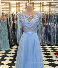 Homecomeing Dresses Blue, A Line Round Neck Blue Lace Appliques Tulle Long Prom Dresses, Blue Lace Graduation Dresses, Blue Evening Formal Dresses