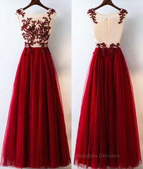 Homecoming Dress Idea, A Line Round Neck Burgundy Lace Tulle Long Prom Dress, Burgundy Lace Evening Dress, Burgundy Lace Graduation Dress