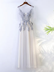 Mafia Dress, A Line Round Neck Half Sleeves Gray Lace Prom Dresses, Gray Floral Long Formal Evening Dresses