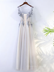 Engagement Dress, A Line Round Neck Half Sleeves Gray Lace Prom Dresses, Gray Floral Long Formal Evening Dresses