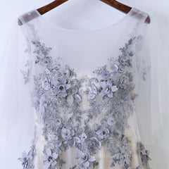 Shirt Dress, A Line Round Neck Half Sleeves Gray Lace Prom Dresses, Gray Floral Long Formal Evening Dresses