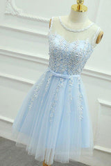 Prom Dress Country, A Line Round Neck Lace Blue Short Prom Dress, Short Blue Lace Formal Graduation Homecoming Dress