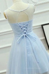 Prom Dress Champagne, A Line Round Neck Lace Blue Short Prom Dress, Short Blue Lace Formal Graduation Homecoming Dress