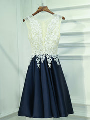 Party Dress Shop, A Line Round Neck Short Lace Prom Dresses, Navy Blue Short Lace Formal Homecoming Dresses