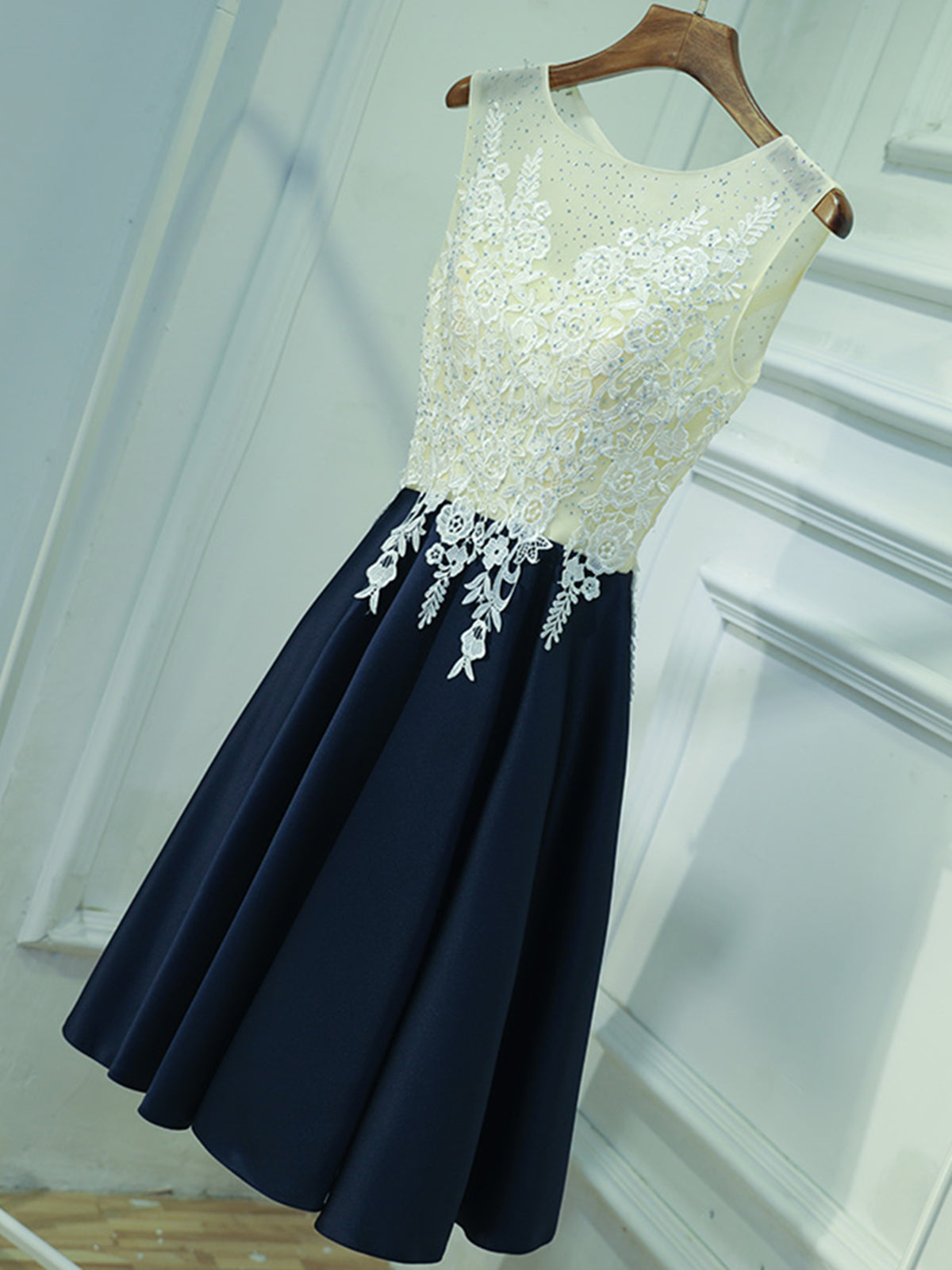 Party Dress Shops, A Line Round Neck Short Lace Prom Dresses, Navy Blue Short Lace Formal Homecoming Dresses