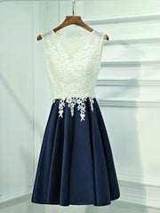 Party Dress Shopping, A Line Round Neck Short Lace Prom Dresses, Navy Blue Short Lace Formal Homecoming Dresses