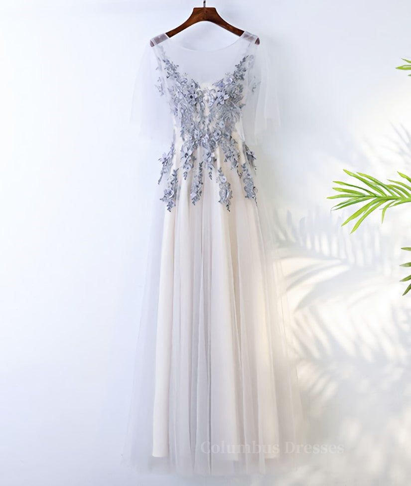 Evening Dresses Petite, A Line Round Neck Short Sleeves Lace Prom Dresses With Appliques, Lace Formal Dresses