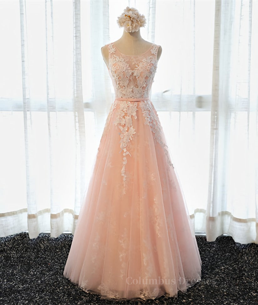 Evening Dresses For Sale, A Line Round Neck Sleeveless Lace Prom Dresses, Lace Formal Dresses