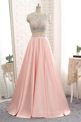 Prom Dress Piece, A Line Round Neck Two Pieces Beaded Pink Prom Dresses, Two Pieces Pink Formal Dresses, Pink Evening Dresses