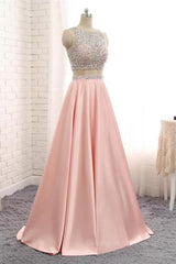 Prom Dresses Pieces, A Line Round Neck Two Pieces Beaded Pink Prom Dresses, Two Pieces Pink Formal Dresses, Pink Evening Dresses