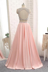 Prom Dresses For Short People, A Line Round Neck Two Pieces Beaded Pink Prom Dresses, Two Pieces Pink Formal Dresses, Pink Evening Dresses