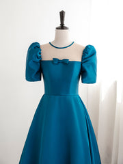 Prom Dresses Cute, A-Line Satin Blue Long Prom Dress, Blue Long Formal Evening Dresses