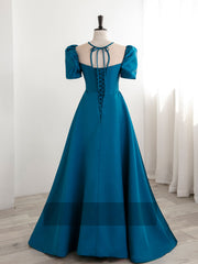 Prom Dresses Open Back, A-Line Satin Blue Long Prom Dress, Blue Long Formal Evening Dresses