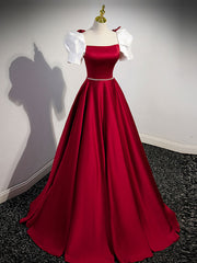 Homecomming Dresses Short, A-Line Satin Burgundy Long Prom Dresses, Puffy Sleeve Formal Evening Dress