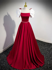 Homecoming Dresses Elegant, A-Line Satin Burgundy Long Prom Dresses, Puffy Sleeve Formal Evening Dress