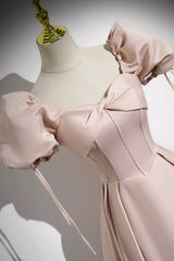 Prom Dresses Gowns, A-Line Satin Floor Length Pink Corset Prom Dress, Off the Shoulder Evening Dress