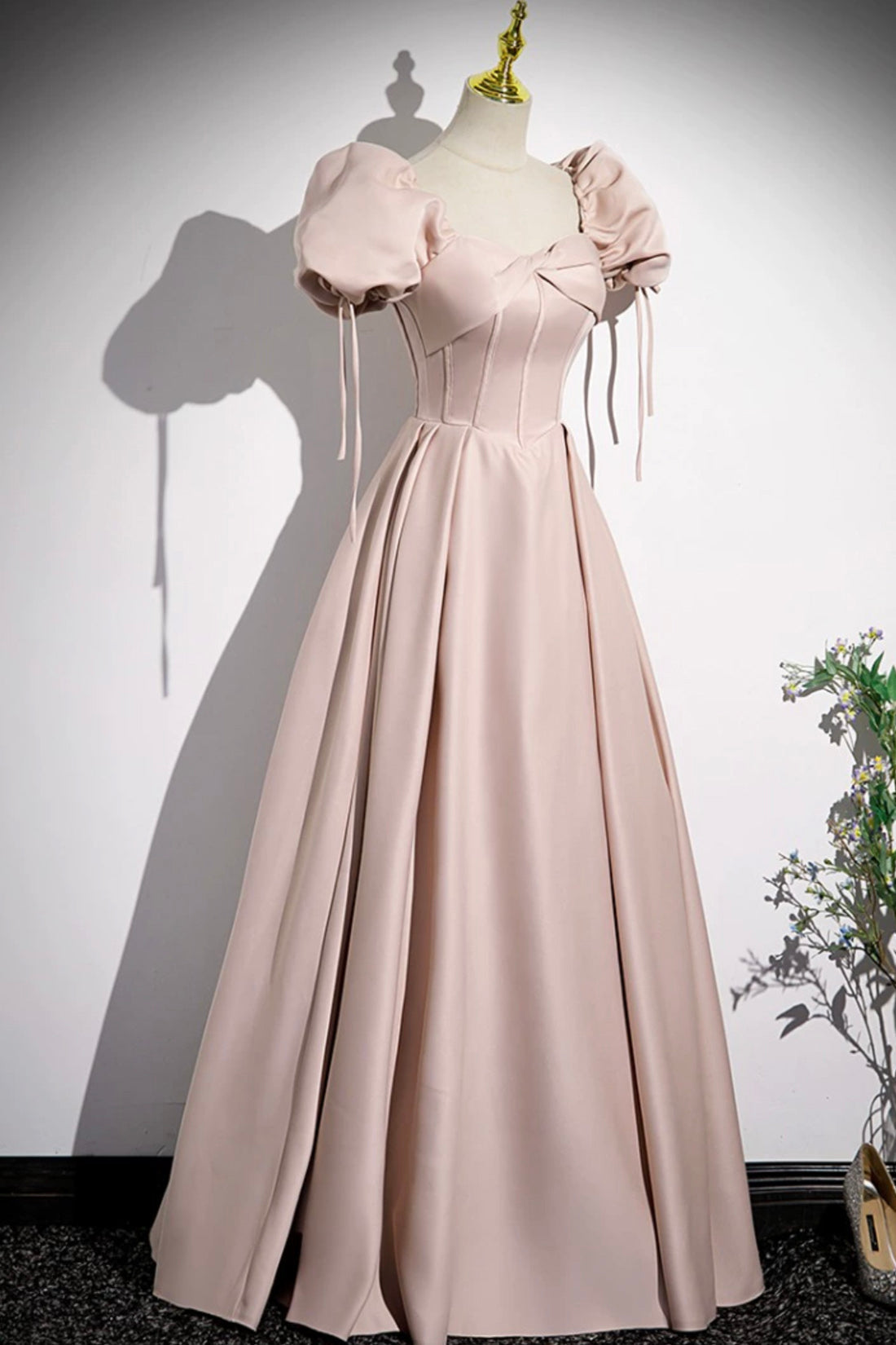 Prom Dress Gowns, A-Line Satin Floor Length Pink Corset Prom Dress, Off the Shoulder Evening Dress