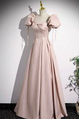 Prom Dresses For Short Girls, A-Line Satin Floor Length Pink Corset Prom Dress, Off the Shoulder Evening Dress