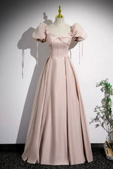 Prom Dresses Gown, A-Line Satin Floor Length Pink Corset Prom Dress, Off the Shoulder Evening Dress