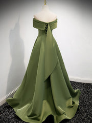 Evening Dress With Sleeves, A-Line Satin Green Long Prom Dress, Green Formal Dress