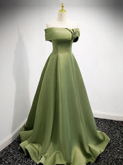 Evening Dress With Sleeve, A-Line Satin Green Long Prom Dress, Green Formal Dress