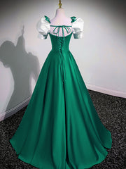 Long Dress Design, A-Line Satin Green Long Prom Dresses, Green A-Line Formal Dresses