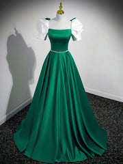 Ballgown, A-Line Satin Green Long Prom Dresses, Green A-Line Formal Dresses