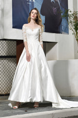 Wedding Dress Shopping Near Me, A-Line Satin Lace 3/4 Sleeves Ankle Length Wedding Dresses