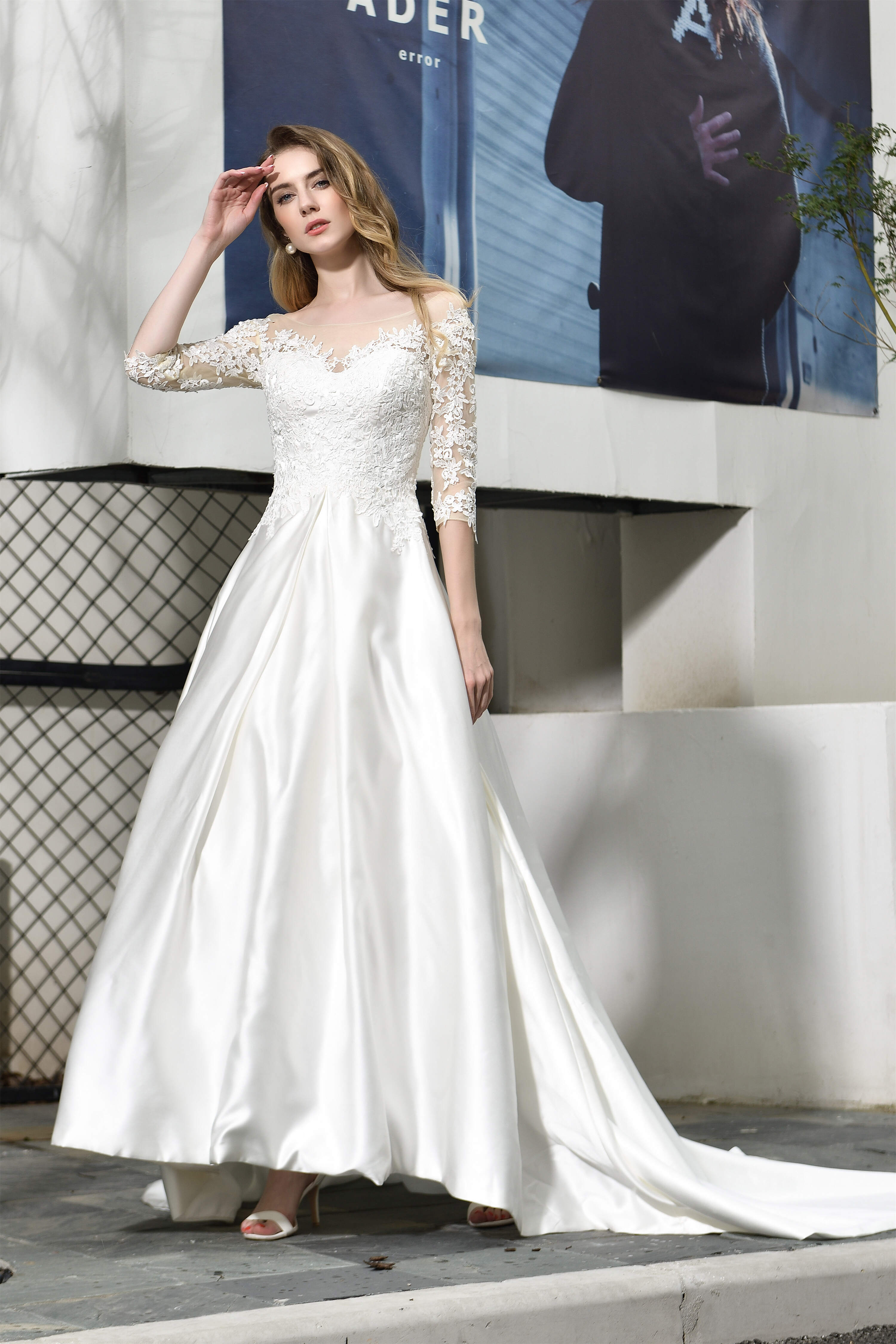 Wedding Dress Prices, A-Line Satin Lace 3/4 Sleeves Ankle Length Wedding Dresses