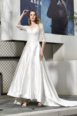 Wedding Dresses Price, A-Line Satin Lace 3/4 Sleeves Ankle Length Wedding Dresses