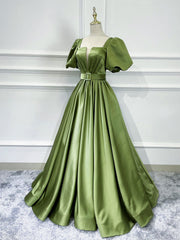 Bridesmaides Dresses Green, A line Satin Long Green Prom Dresses, Green Formal Evening Graduation Dresses