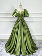 Bridesmaids Dresses Green, A line Satin Long Green Prom Dresses, Green Formal Evening Graduation Dresses